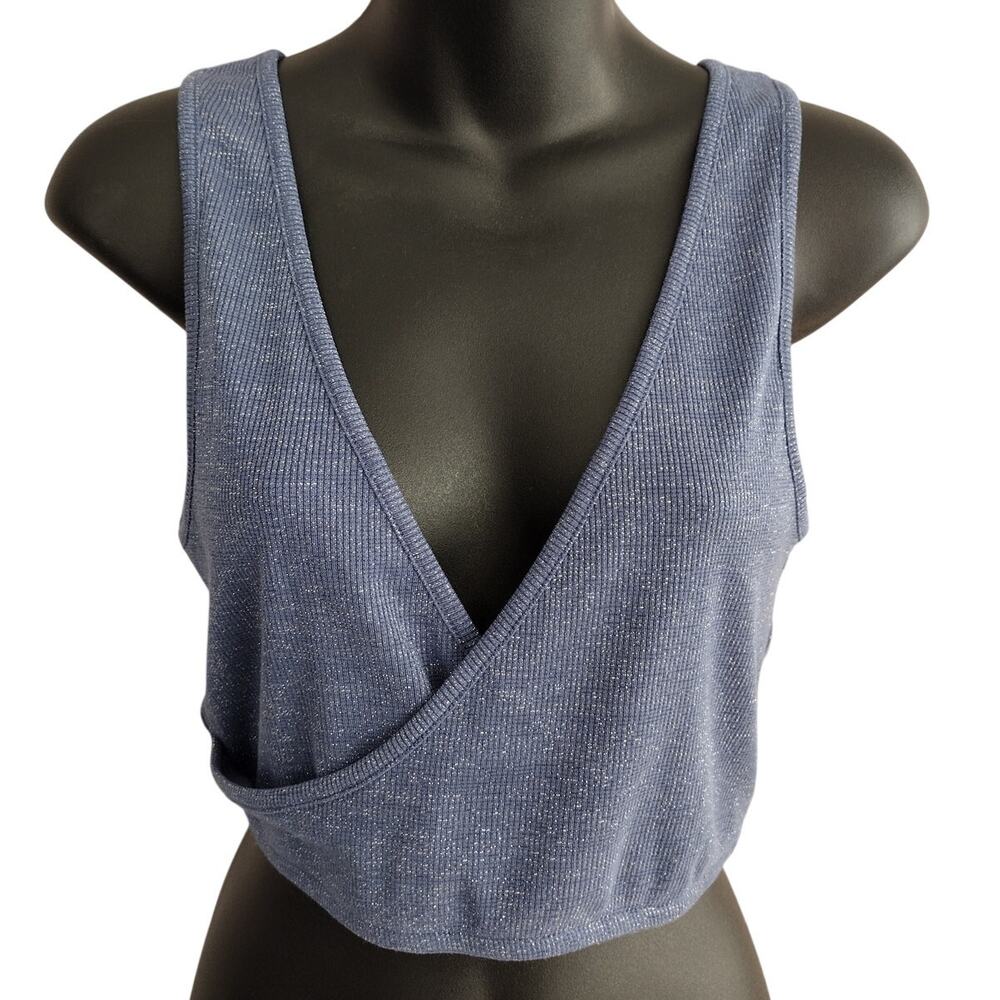 Intimately Free People Blue Meteallic Ribbed Surplice Faux Wrap Cropped Tank XS